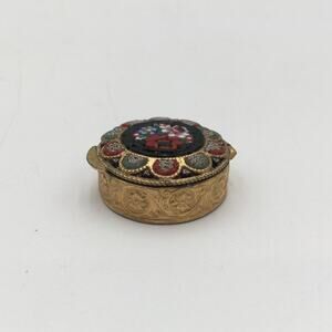 Petite Ormolu Micro Mosiac Millefiori Gold Tone Hinged Pill Trinket Box Italy
